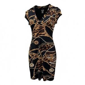 Vtg Cache Bodycon Dress S Black Gold Party Cocktail Chain Animal Tigerskin Print